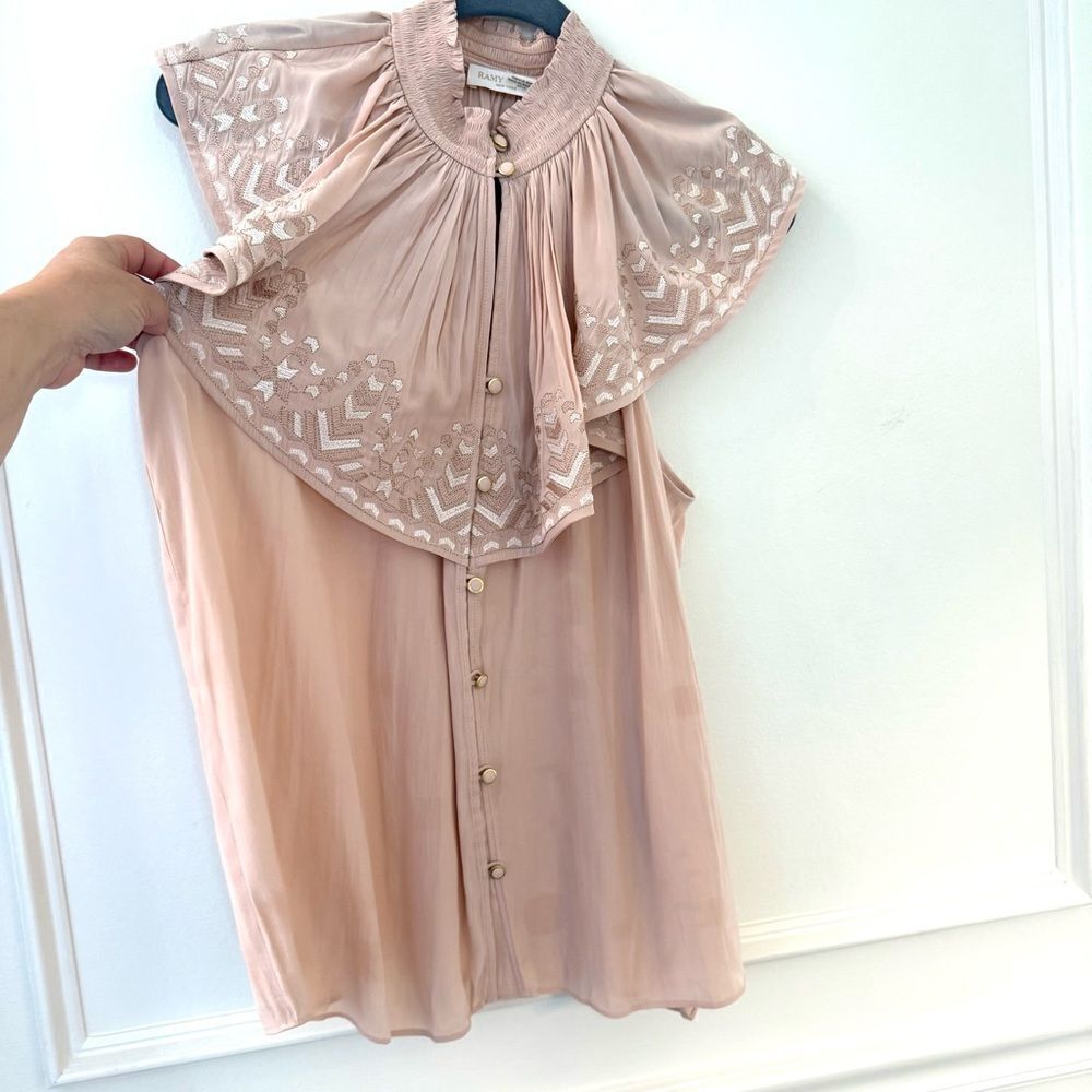 Ramy Brook Blush Abbe Sleeveless Embroidered Collar Ruffle Top  XL NWT